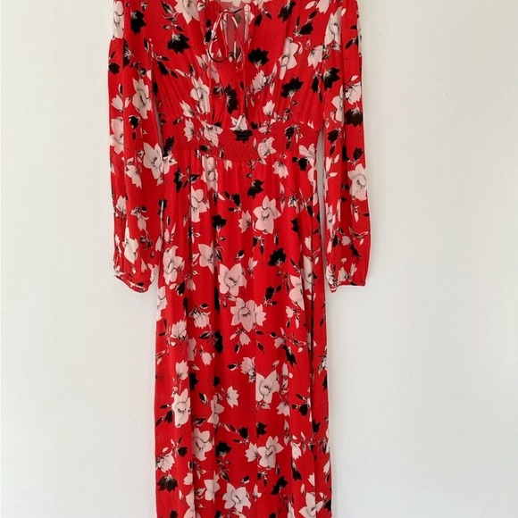 Lily and Lionel Floral Red Maxi Dress Size Small Shirred Waist Tie Neck - Picture 5 of 8